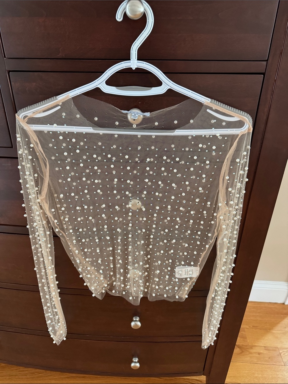 white birch Nude Sheer Pearl-Embellished Long Sleeve Top